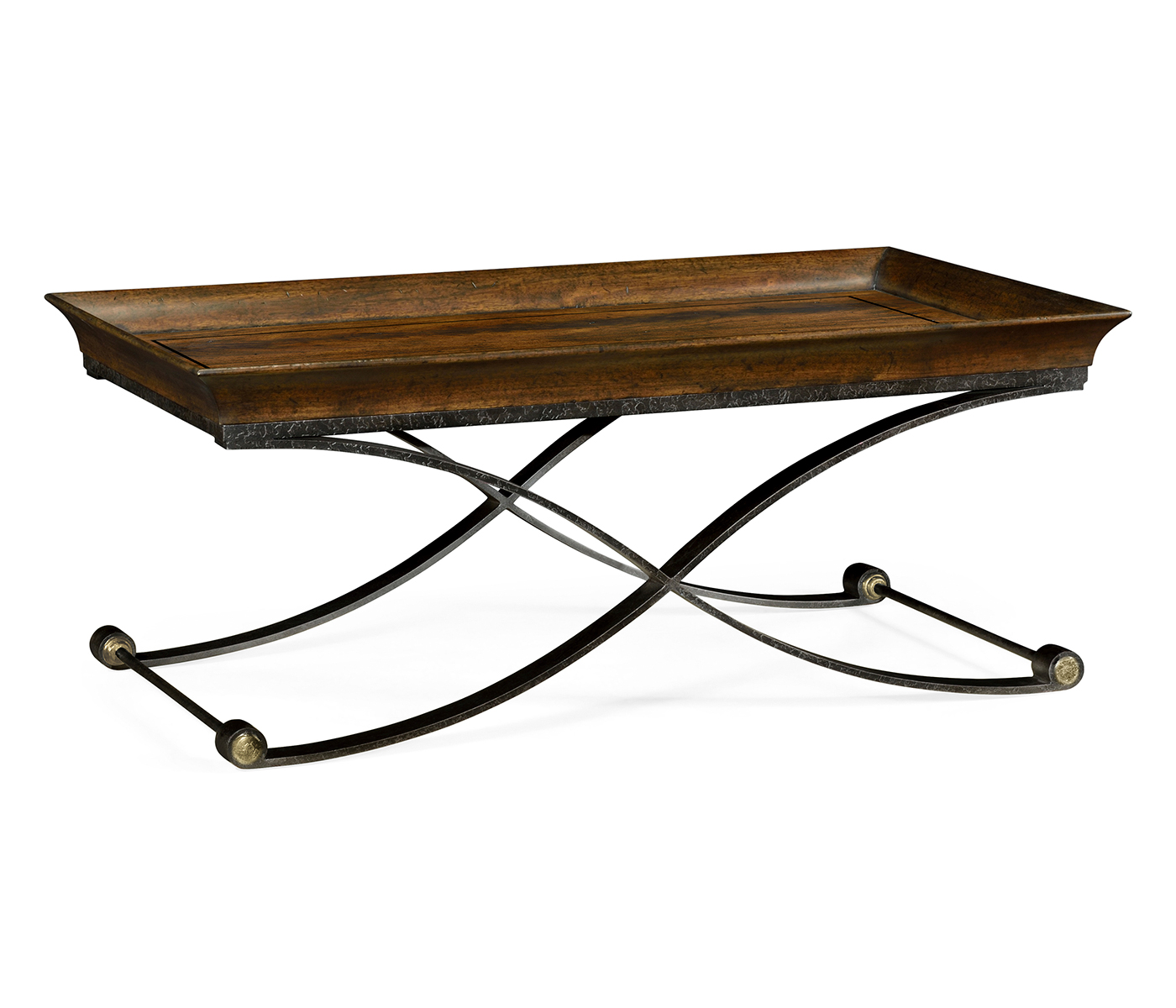 Brown mahogany coffee table with antique iron base