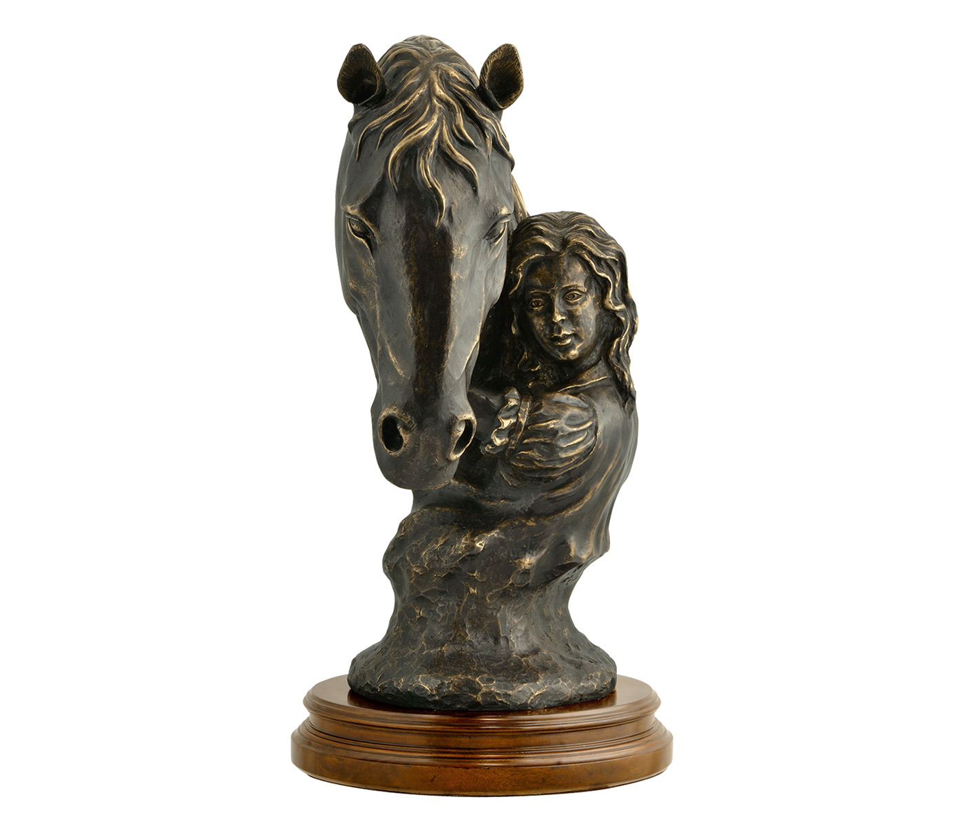 Antique Dark Bronze Young Girl & Her Horse