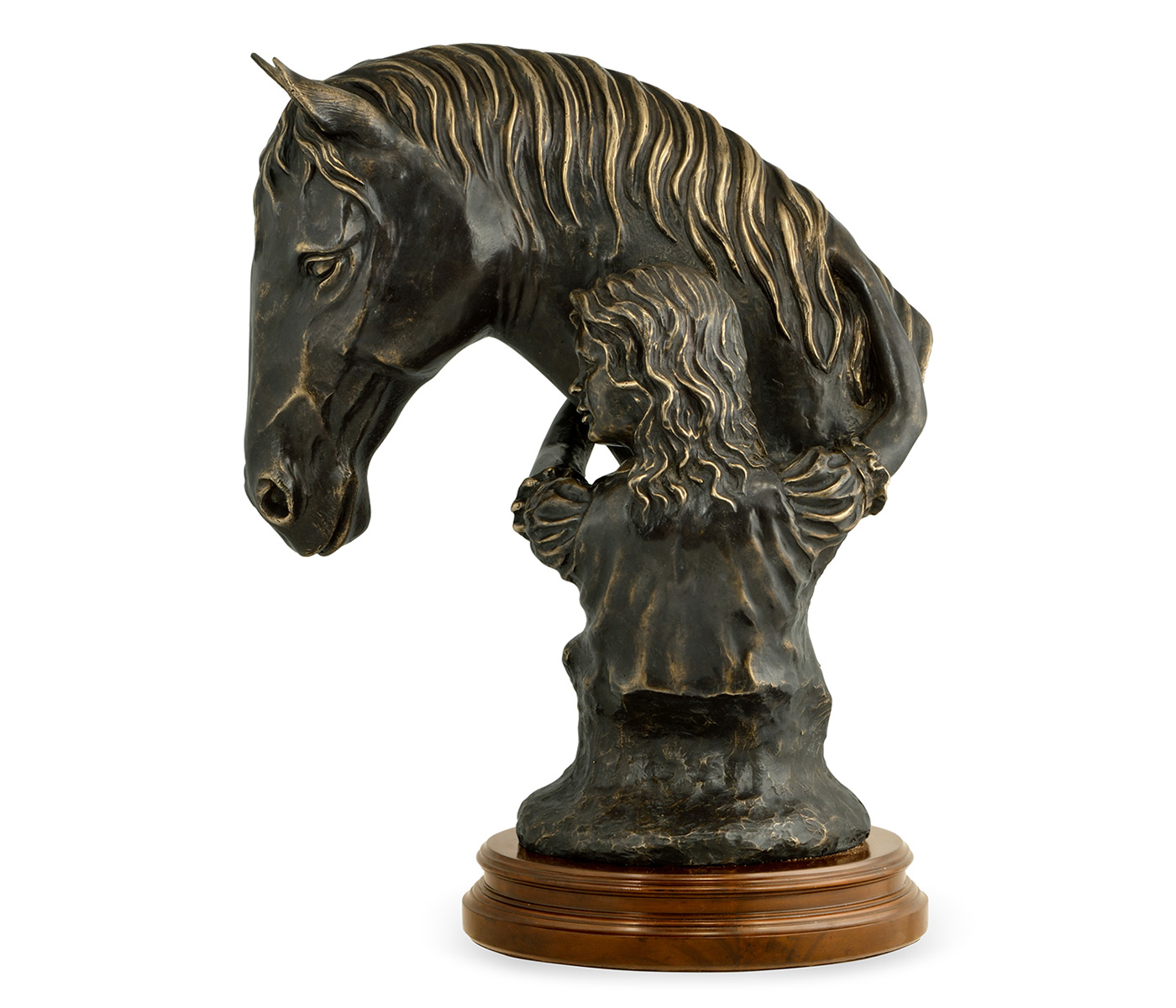 Antique Dark Bronze Young Girl & Her Horse