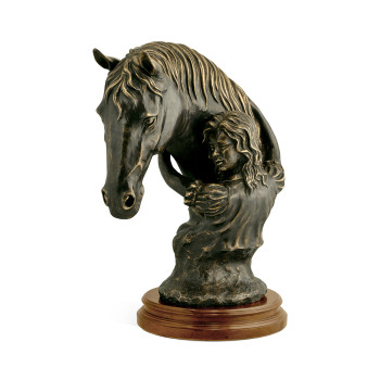 Antique Dark Bronze Young Girl & Her Horse