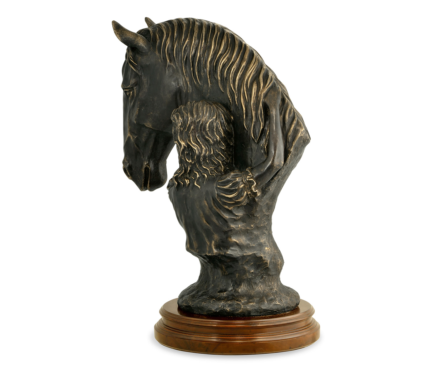 Antique Dark Bronze Young Girl & Her Horse