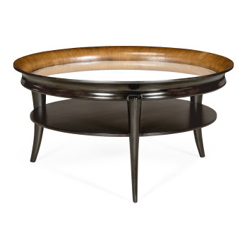 Circular Charcoal & Walnut Cocktail Table with Antique Mirror Top