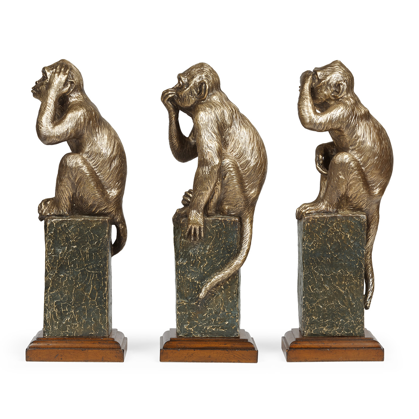 Three Antique Light Brown Brass Wise Monkeys