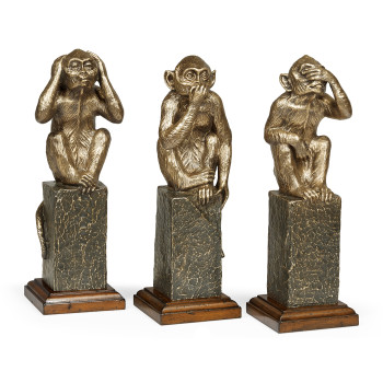 Three Antique Light Brown Brass Wise Monkeys