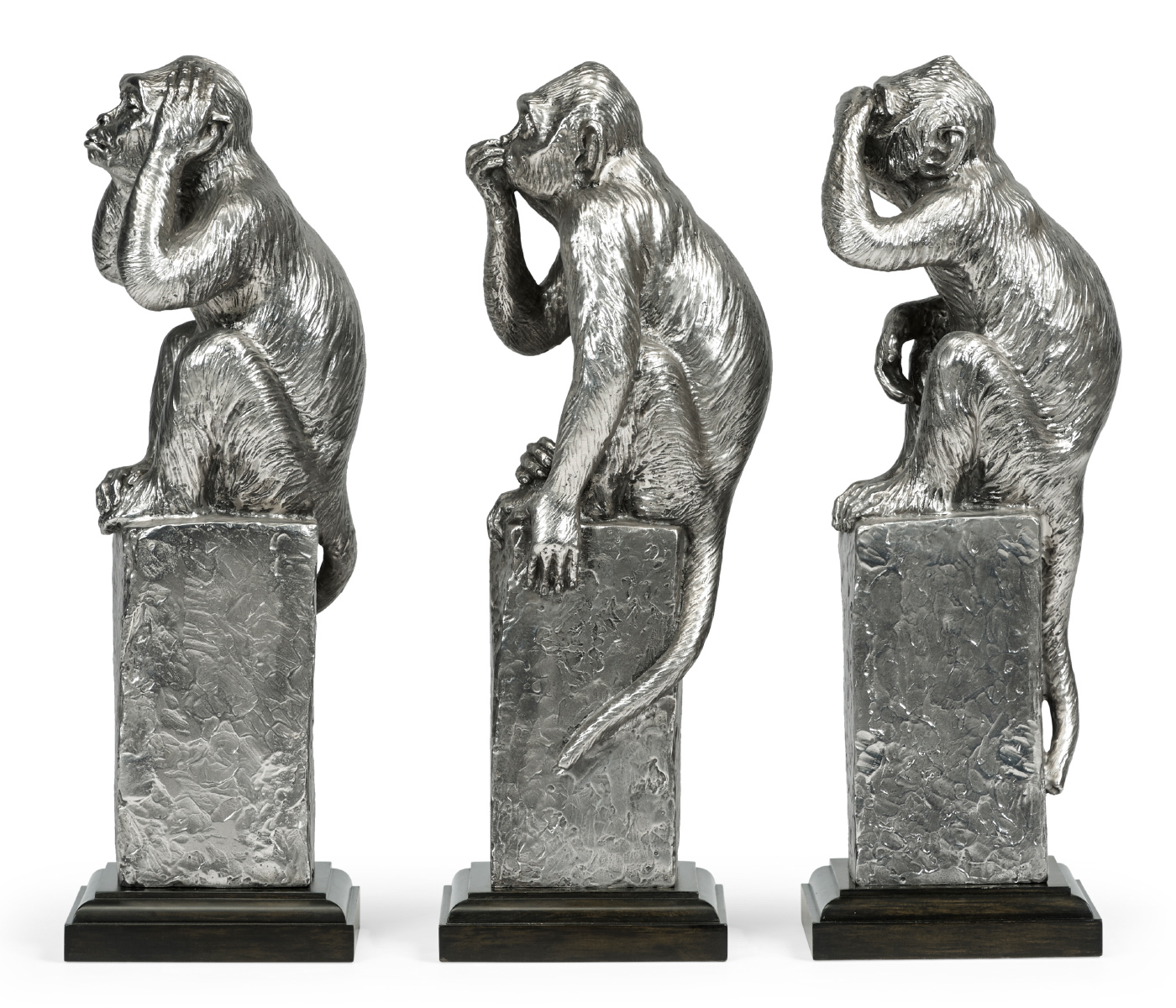 Three White Stainless Steel Wise Monkeys