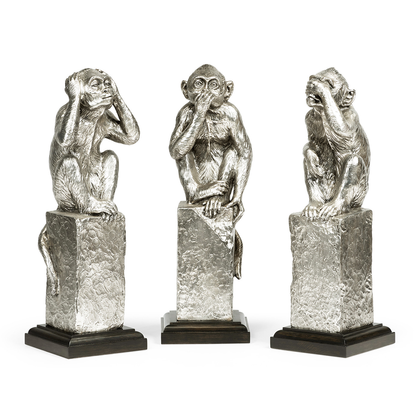 Three White Stainless Steel Wise Monkeys
