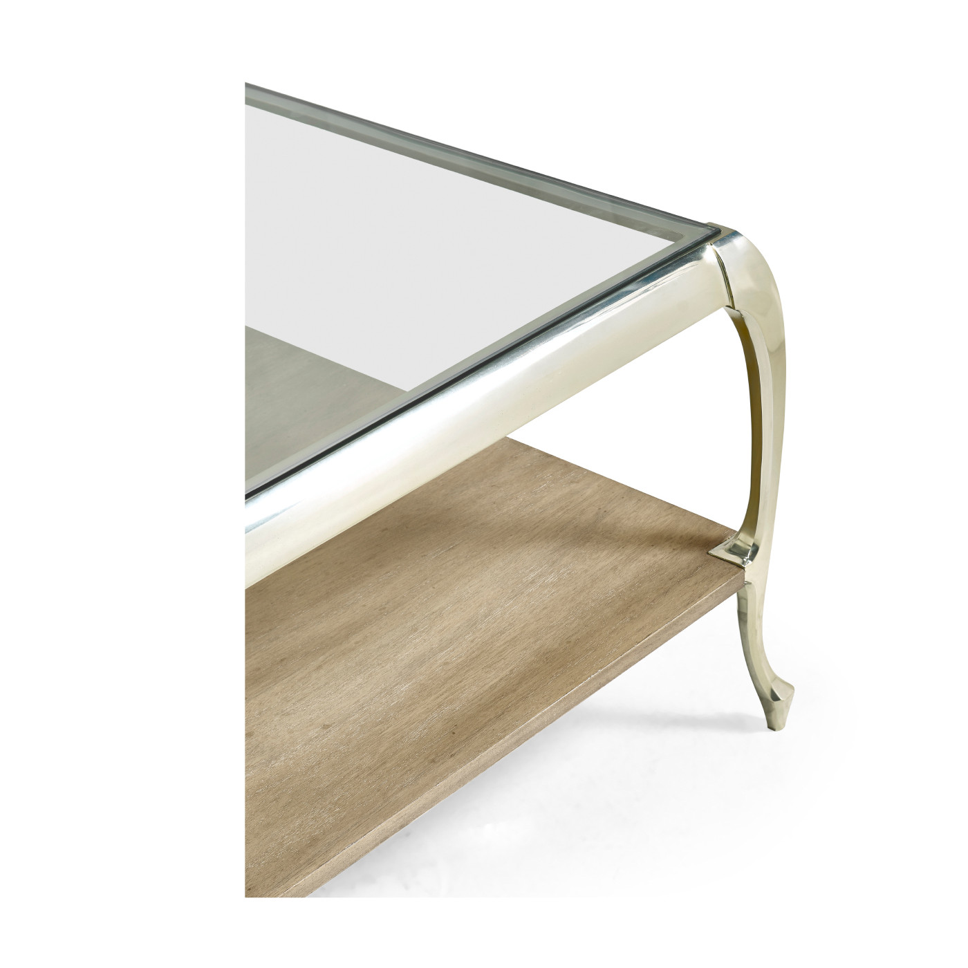 Square Rivoli Walnut & White Stainless Steel Cocktail Table with Clear Glass Top