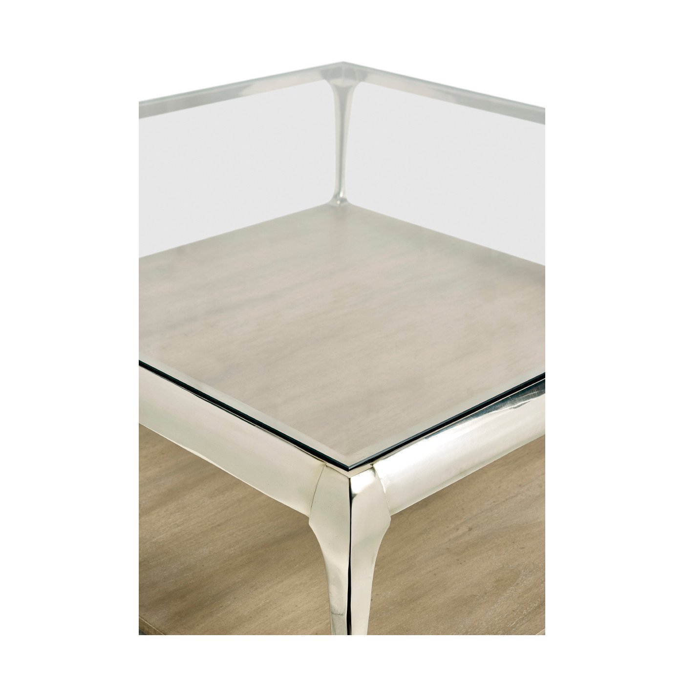 Square Rivoli Walnut & White Stainless Steel Cocktail Table with Clear Glass Top