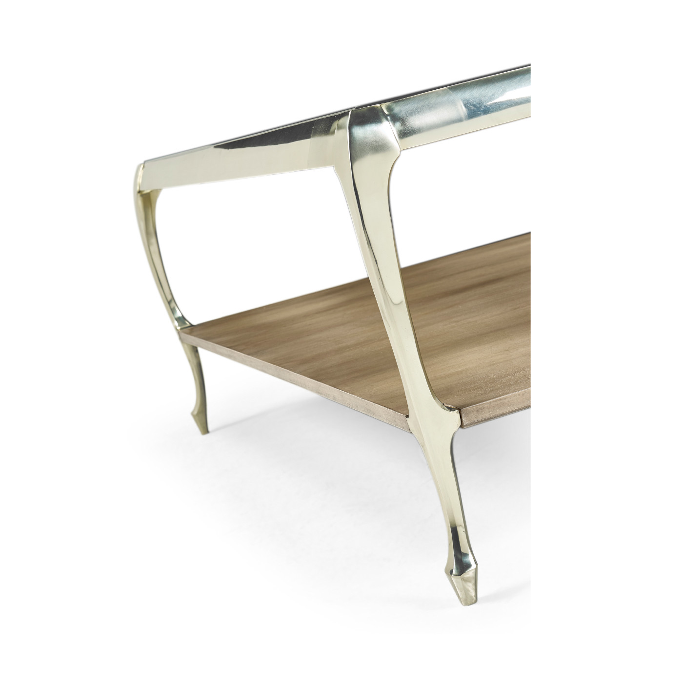Square Rivoli Walnut & White Stainless Steel Cocktail Table with Clear Glass Top