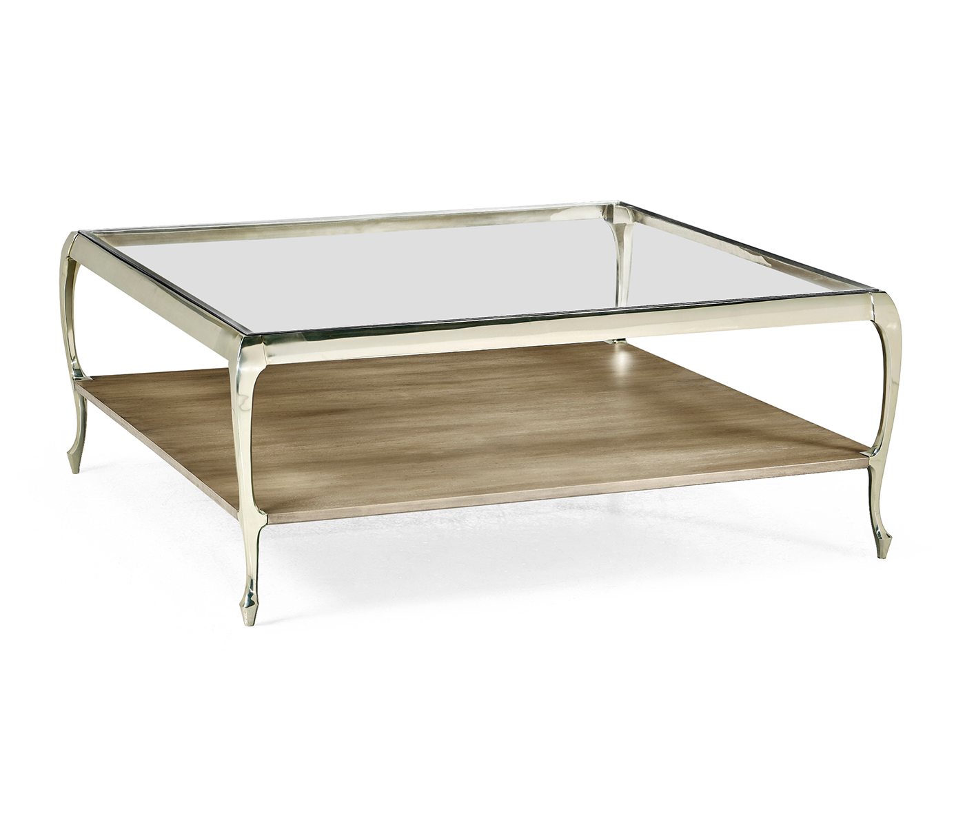 Square Rivoli Walnut & White Stainless Steel Cocktail Table with Clear Glass Top
