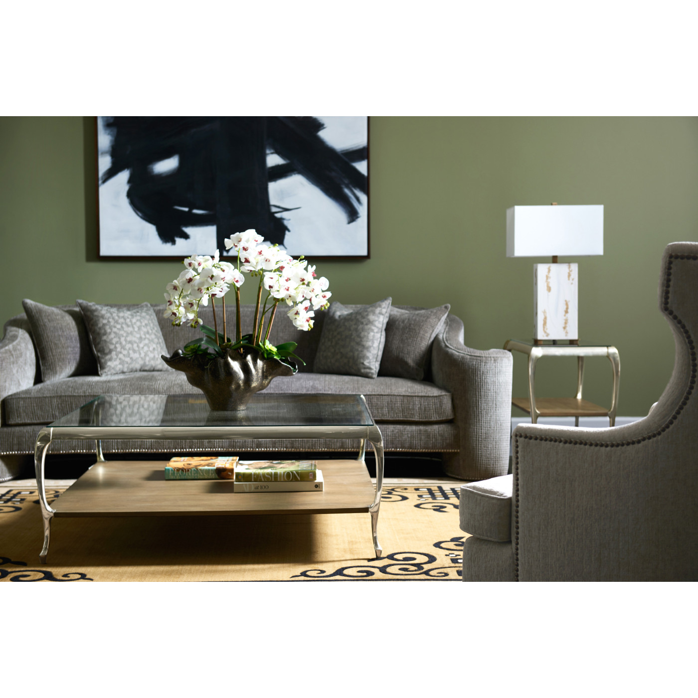 Square Rivoli Walnut & White Stainless Steel Cocktail Table with Clear Glass Top