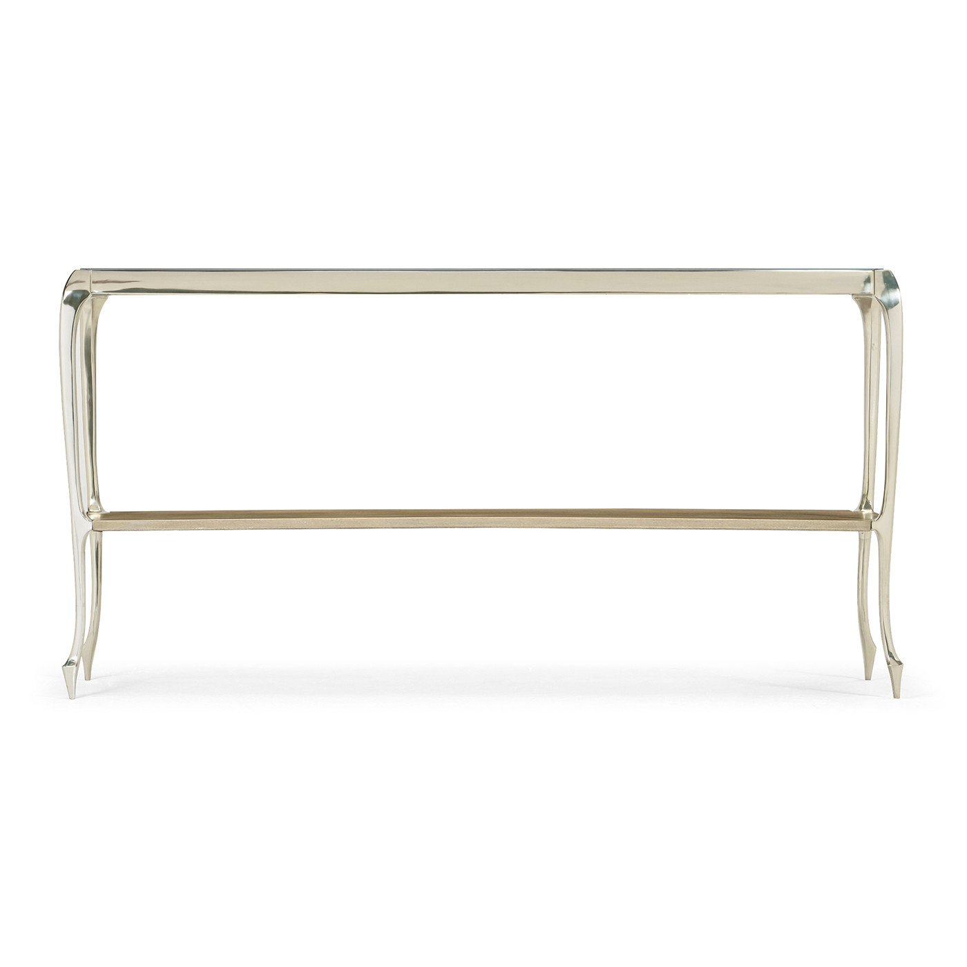 Narrow Rivoli Walnut & White Stainless Steel Console Table with Clear Glass Top