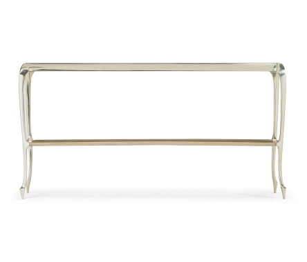 Narrow Rivoli Walnut & White Stainless Steel Console Table with Clear Glass Top
