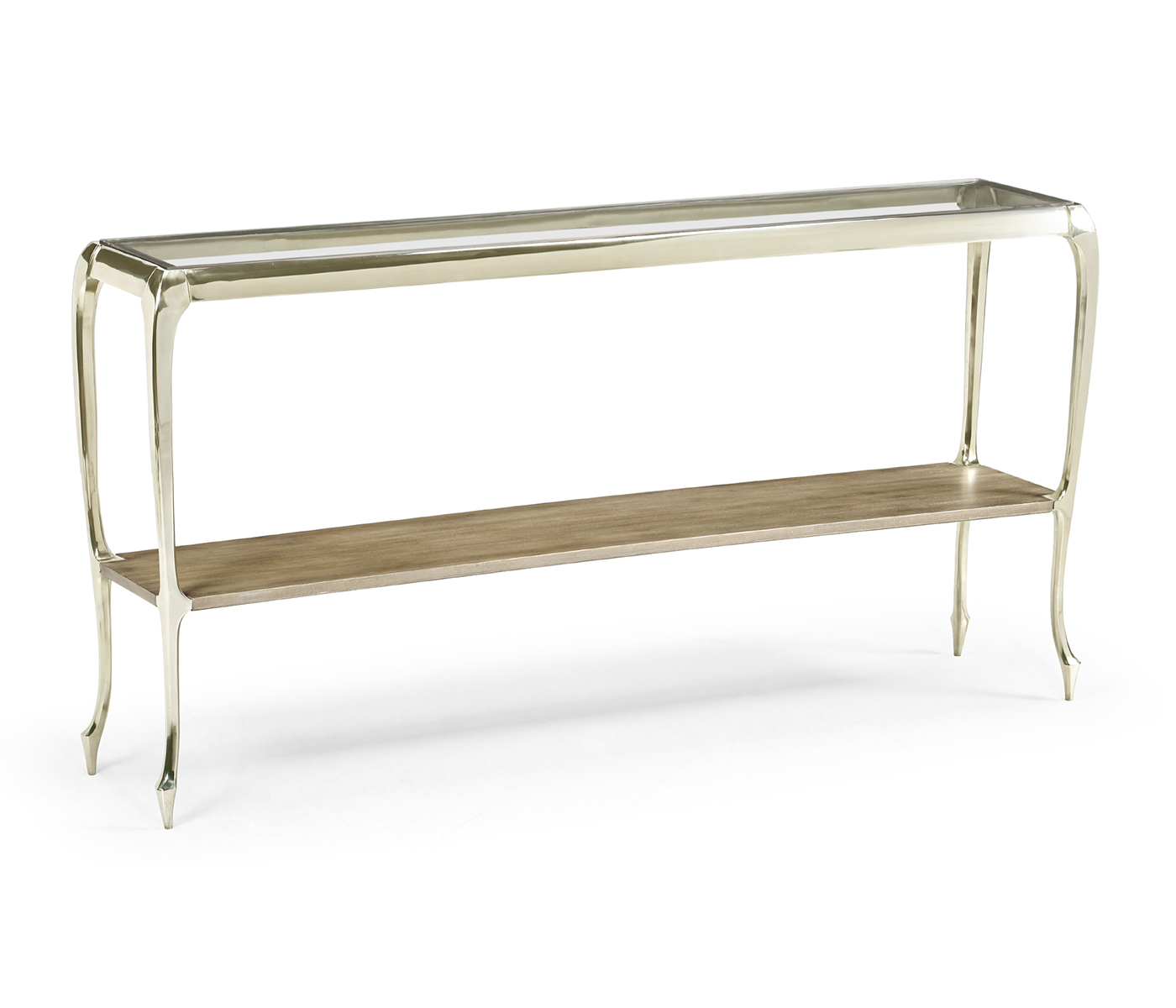 Narrow Rivoli Walnut & White Stainless Steel Console Table with Clear Glass Top