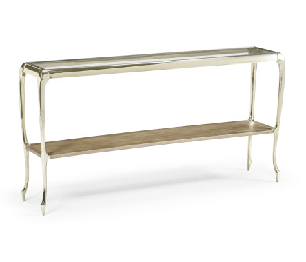 Narrow Rivoli Walnut & White Stainless Steel Console Table with Clear Glass Top