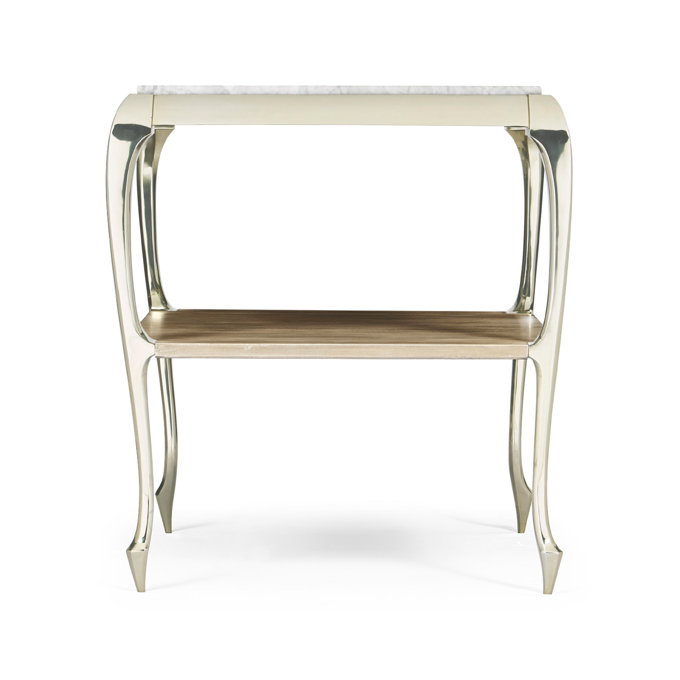 Square Rivoli Walnut & White Stainless Steel End Table with White Carrara Marble Top
