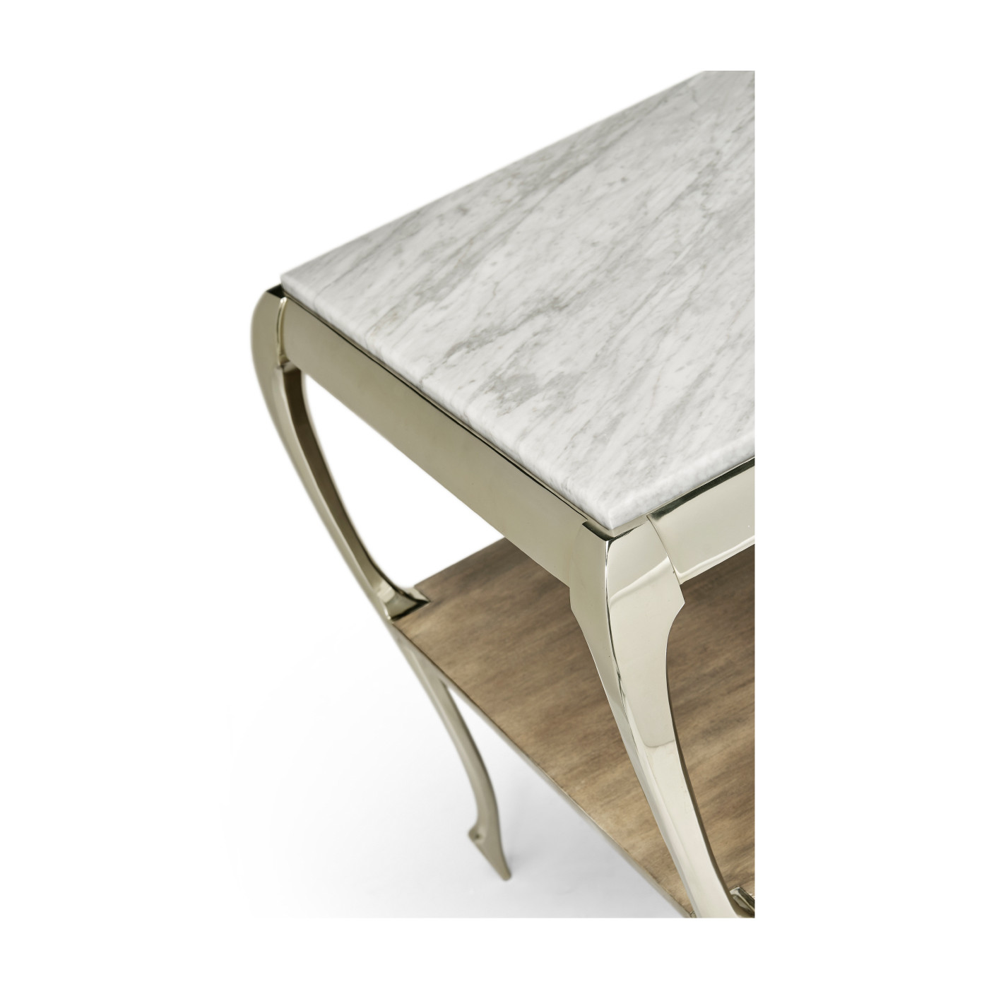 Square Rivoli Walnut & White Stainless Steel End Table with White Carrara Marble Top