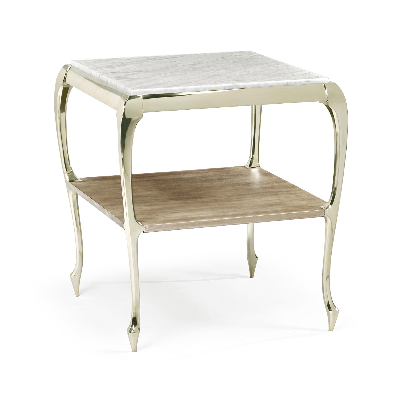 Square Rivoli Walnut & White Stainless Steel End Table with White Carrara Marble Top
