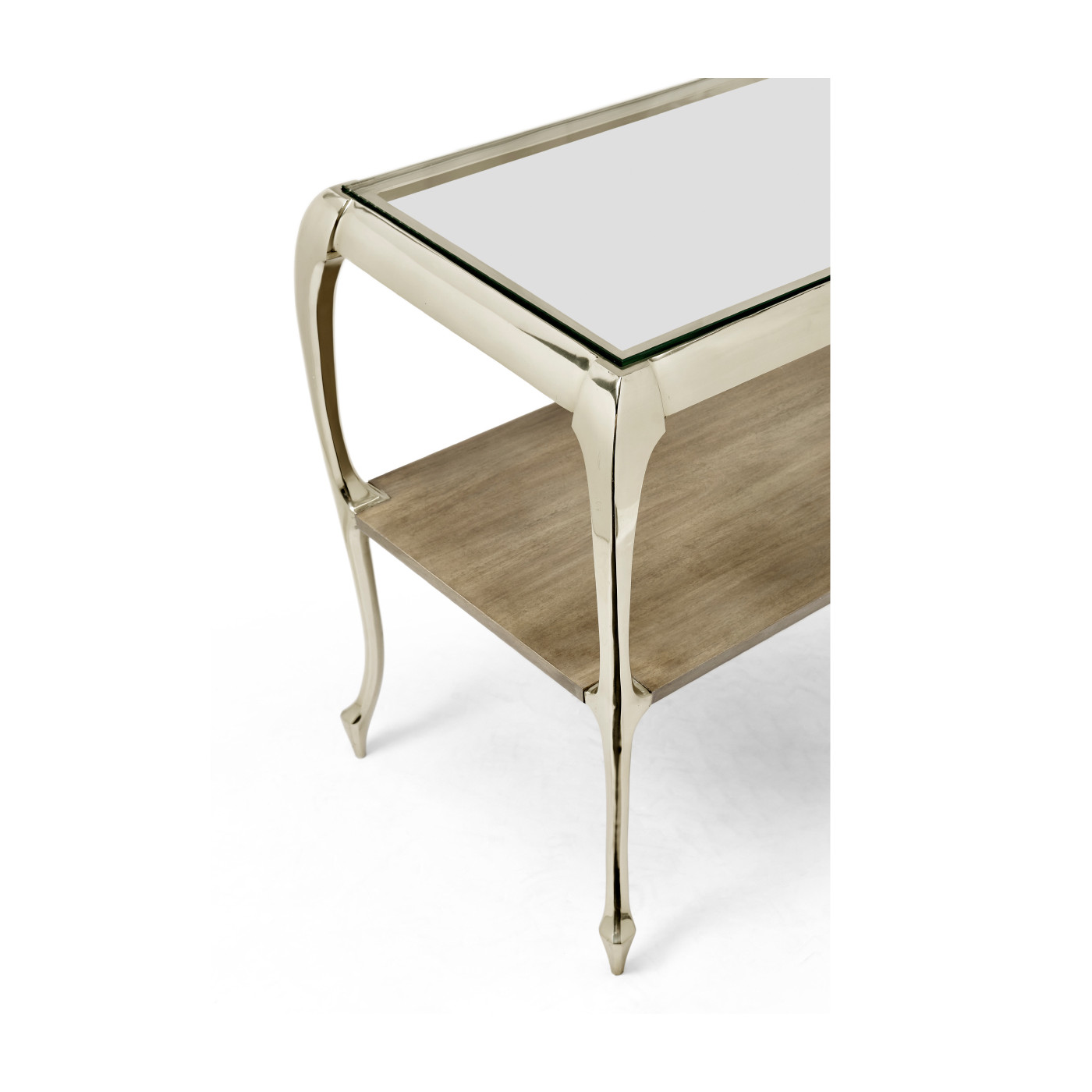 Short Rivoli Walnut & White Stainless Steel Console Table with Clear Glass Top