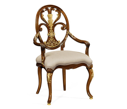 Sheraton Style Burl Walnut Oval Back Arm Chair