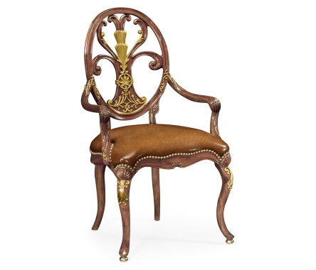 Sheraton Style Burl Walnut Oval Back Arm Chair