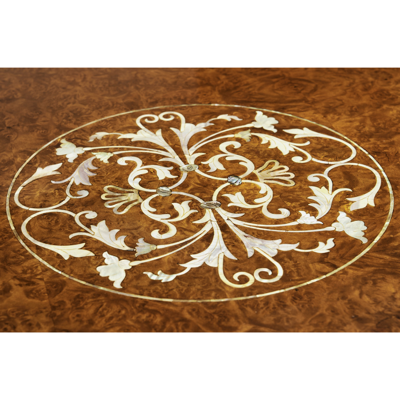 Burl & mother of pearl inlaid round side table