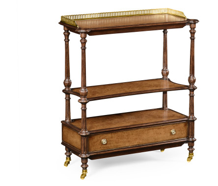 Mahogany, brass and leather inlaid 3-tier étagère with drawer
