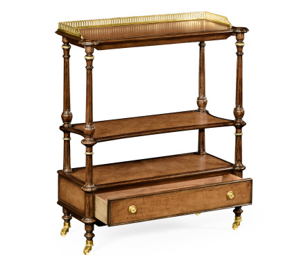 Mahogany, brass and leather inlaid 3-tier étagère with drawer
