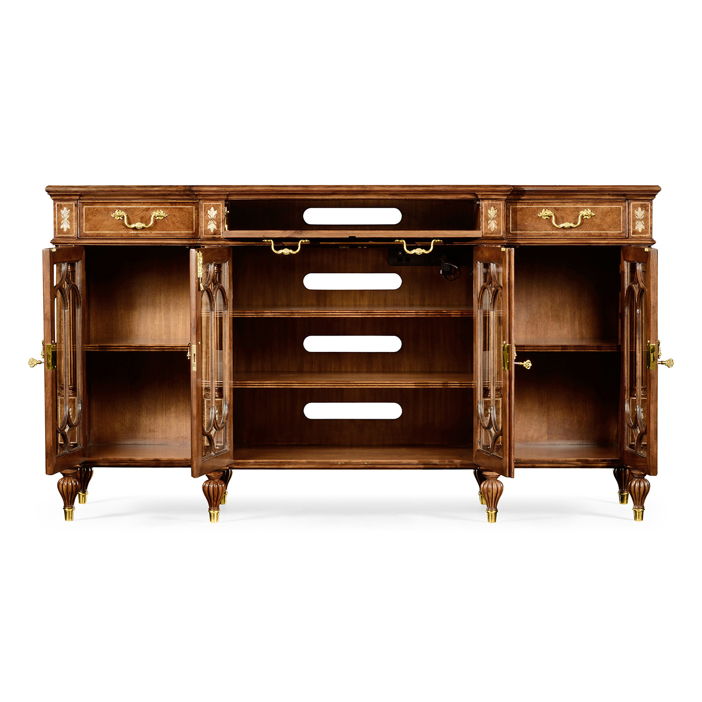 Burl & mother of pearl glazed display/entertainment cabinet