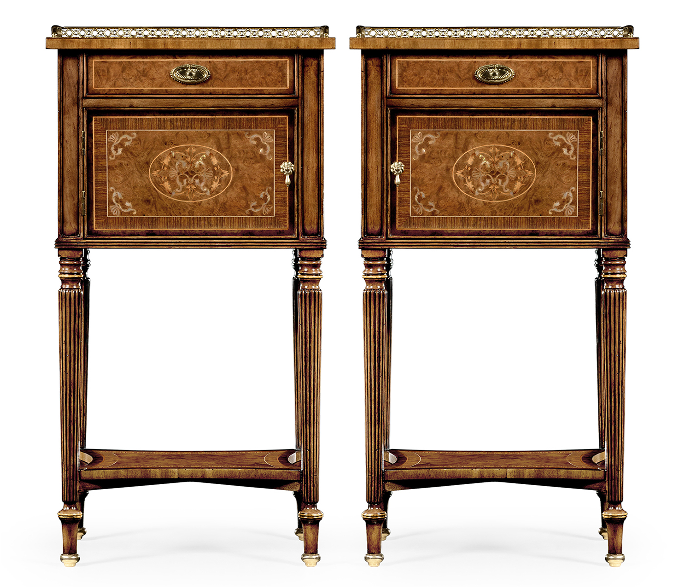 Pair of Burl & Mother of Pearl Bedside Cabinets with Undertier
