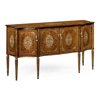 Burl and mother of pearl inlaid serpentine sideboard