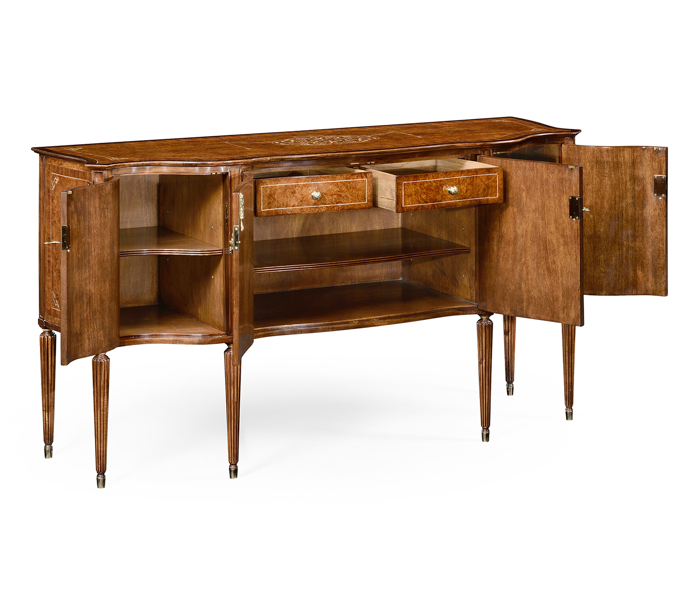 Burl and mother of pearl inlaid serpentine sideboard