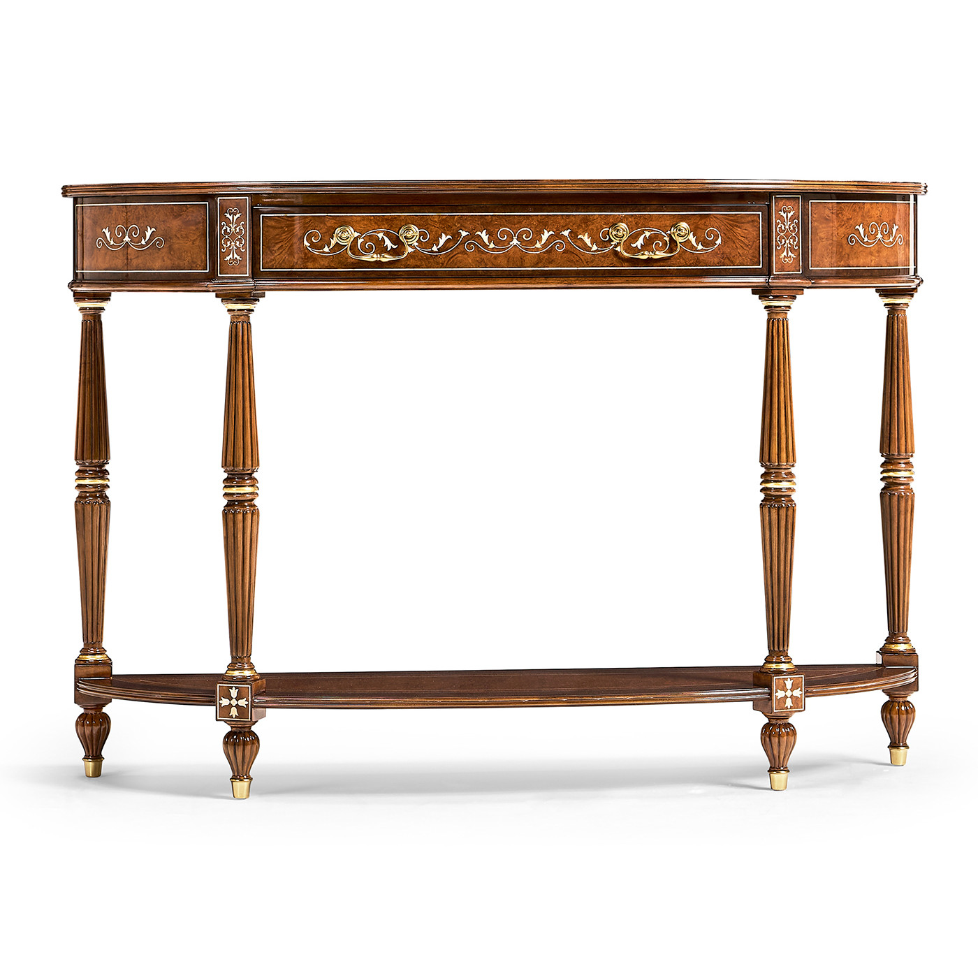 Burl and mother of pearl inlaid demilune console