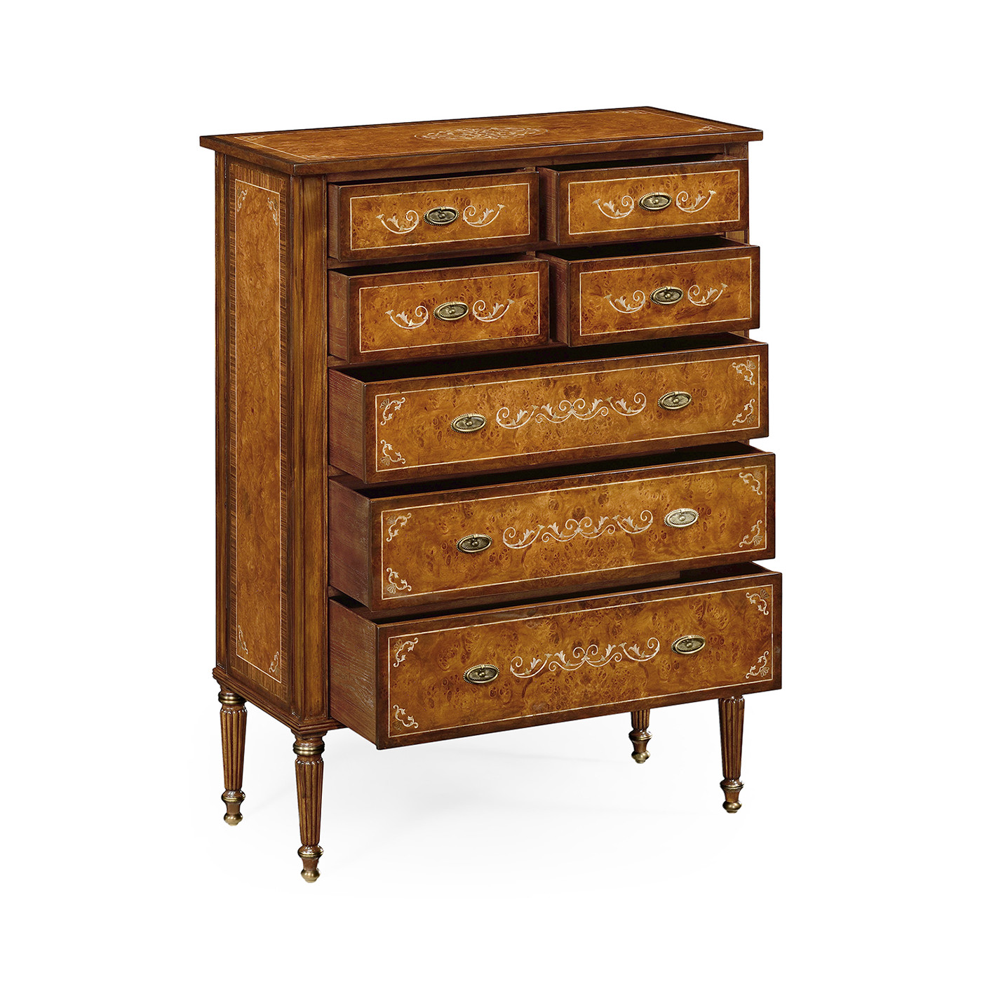 Burl & mother of pearl tall chest of drawers