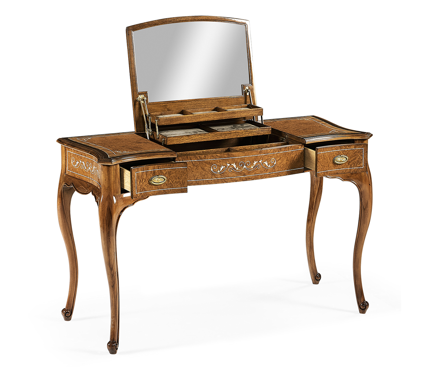 Burl & Mother of Pearl Dressing Table with Hinged Mirror