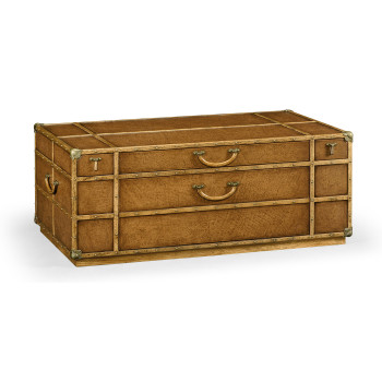 Travel trunk style coffee table with storage and brown leather