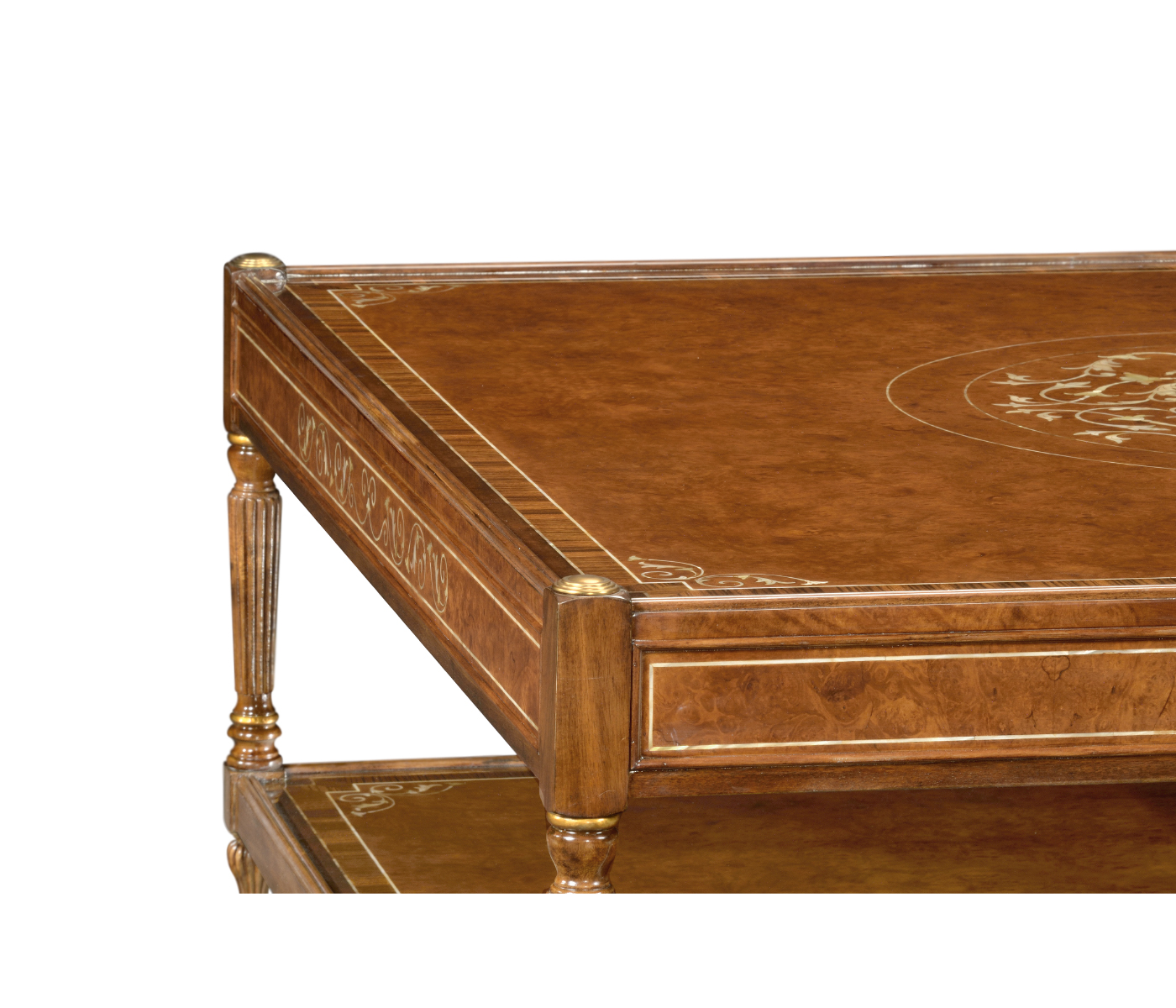 Burl and mother of pearl inlaid square coffee table