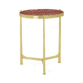 Medium Solid Brass & Red Brazil Marble Top Round Lamp Table
