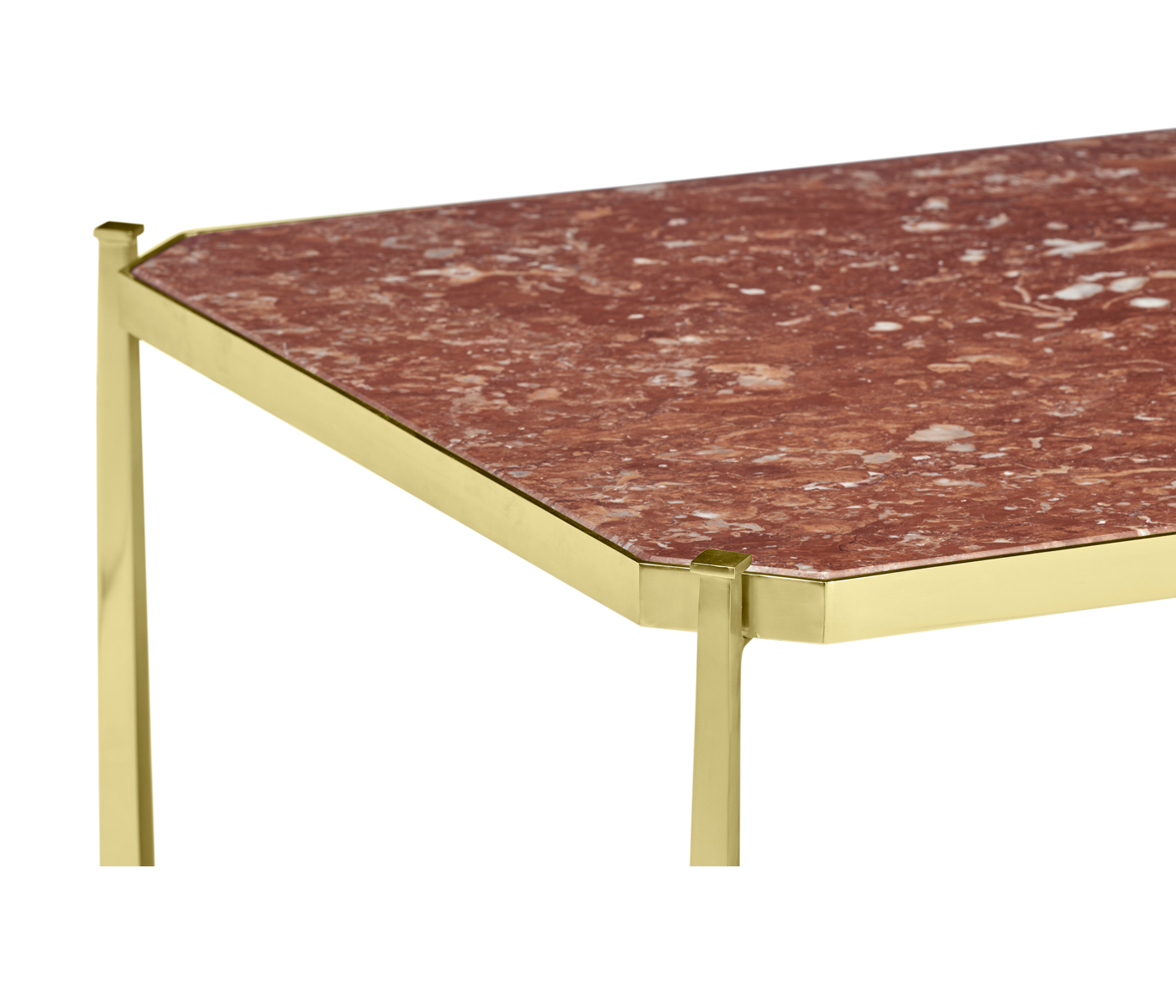 Rectangular Solid Brass & Red Brazil Marble Top Coffee Table