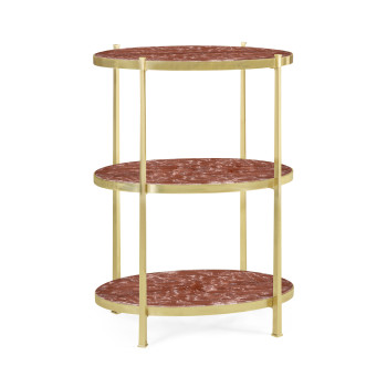 Large Solid Brass & Red Brazil Marble Three-Tier End Table