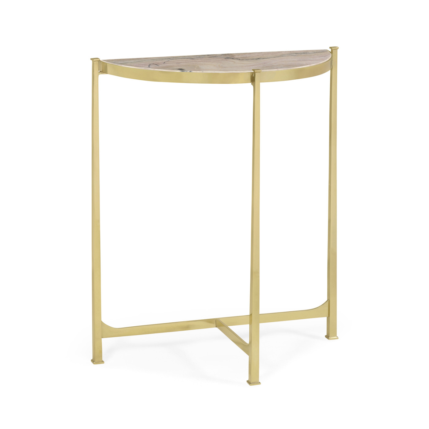 Small Solid Brass & Blanco Equador Marble Top Demilune Console Table