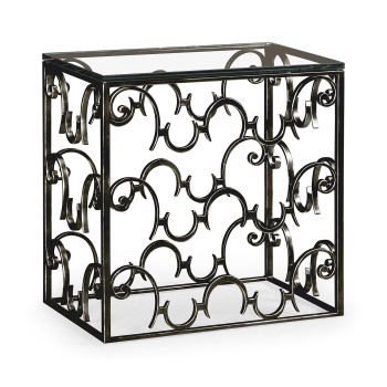 Rectangular Arabesque Bronze Iron End Table with 20mm Clear Glass Top