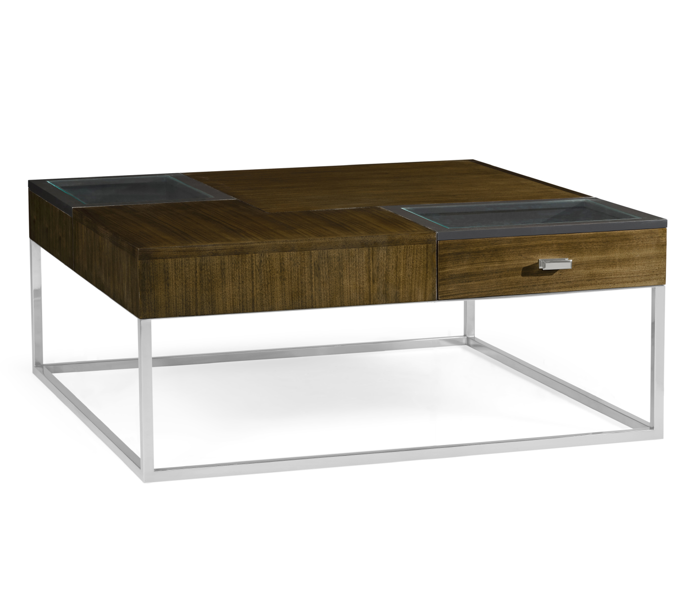 Square Autumn Walnut Coffee Table with Two Glass Top Drawers