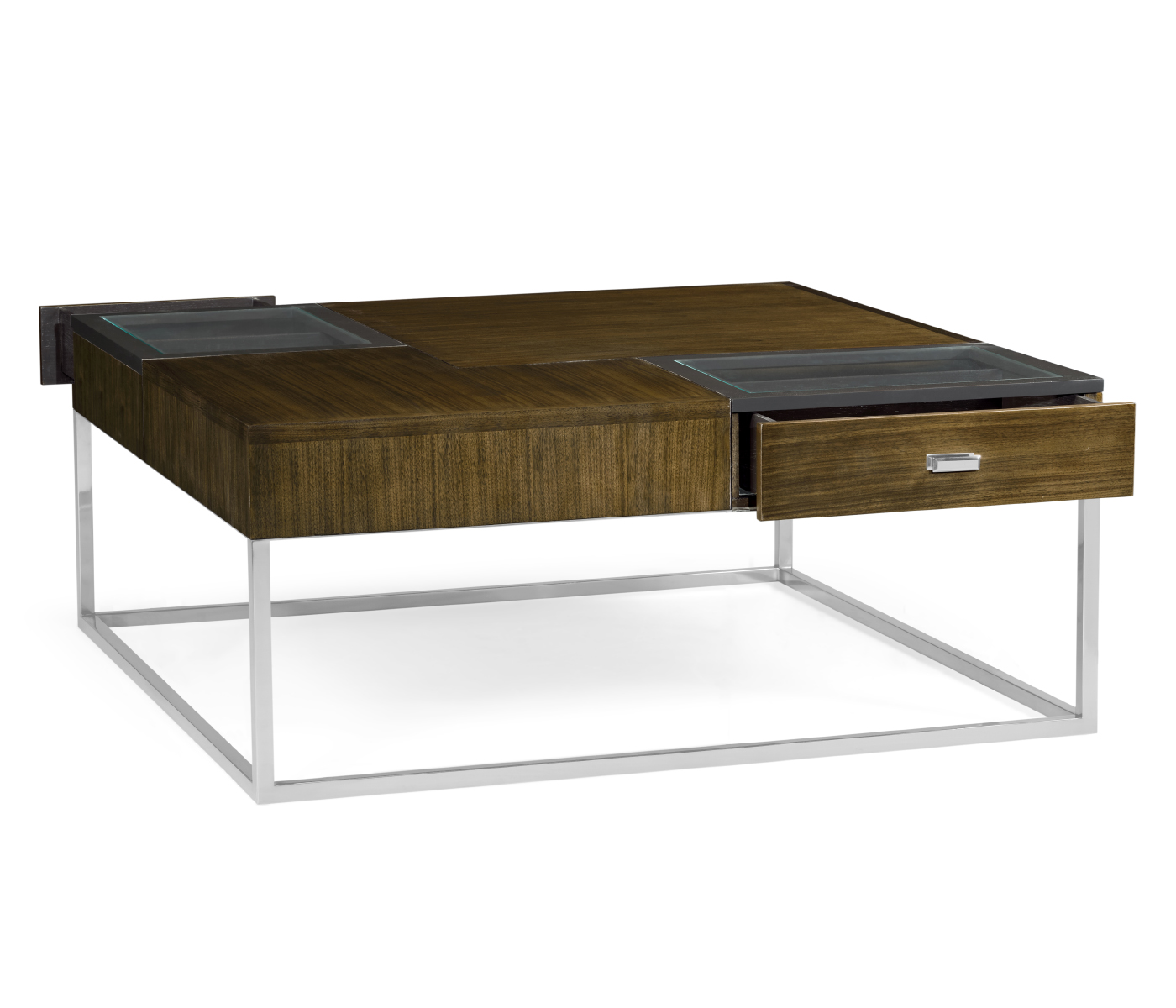 Square Autumn Walnut Coffee Table with Two Glass Top Drawers