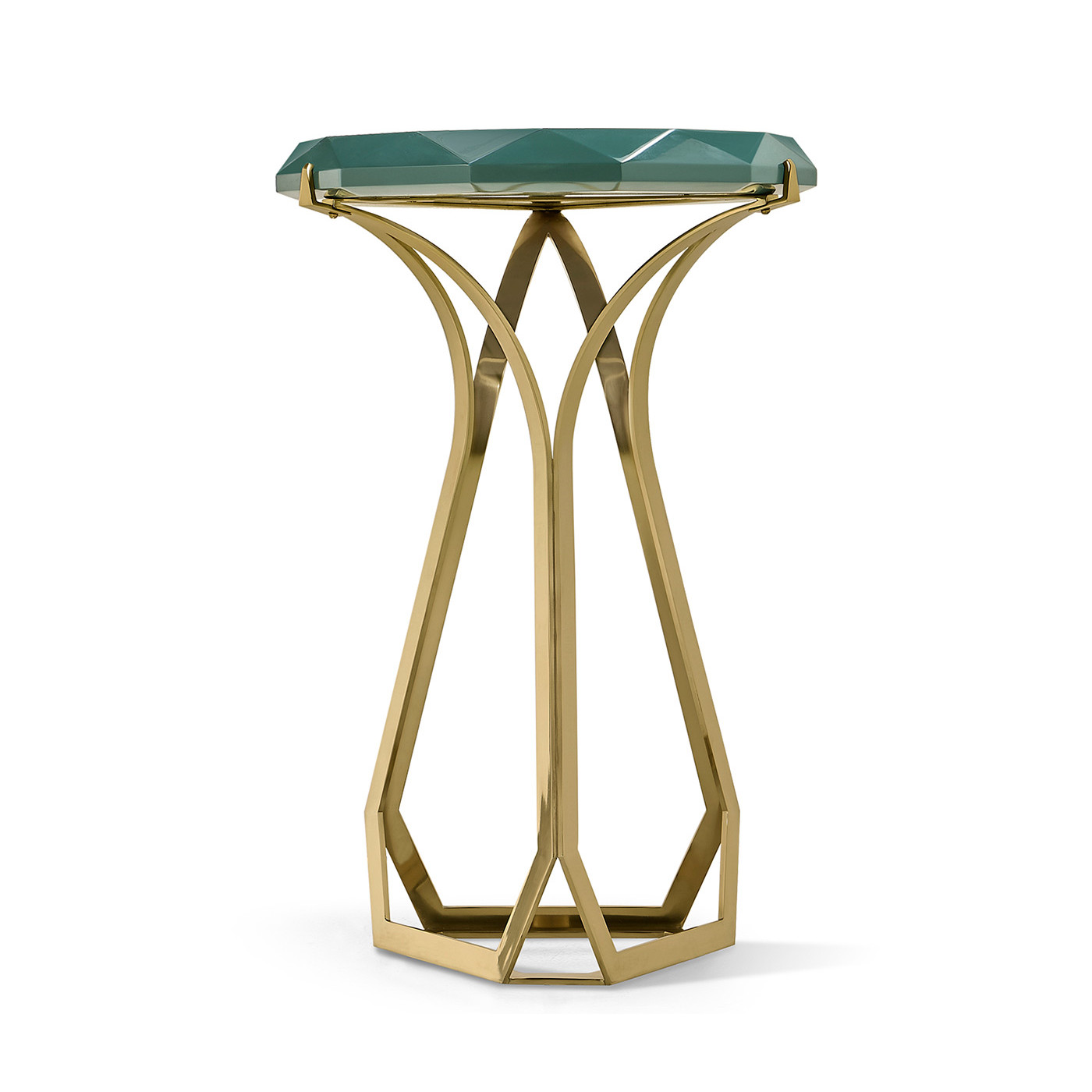 Round Jewel Style Brass & Daphne Blue Diamond Cut End Table