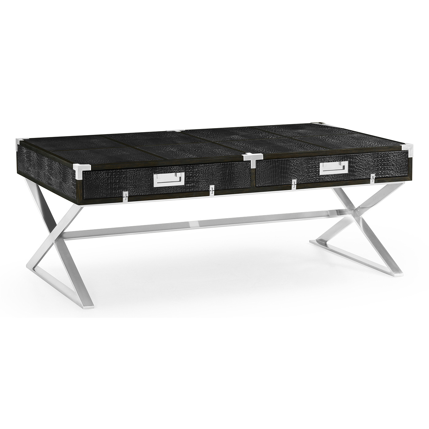 Campaign Style Dark Santos Rosewood & Faux Black Croc Leather Coffee Table with Drawers