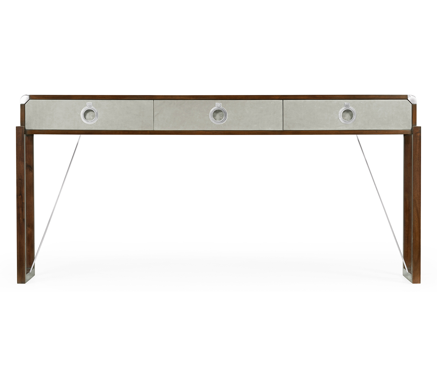 Campaign Style Dark Santos Rosewood & Grey Leather Console Table with Drawers