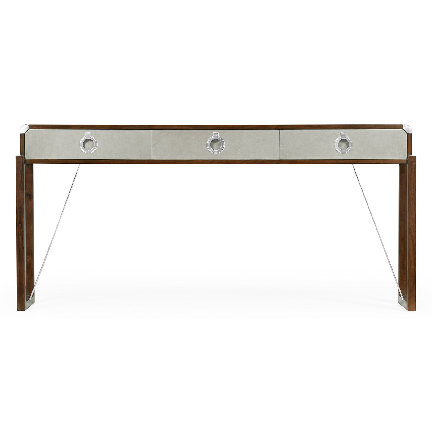 Campaign Style Dark Santos Rosewood & Grey Leather Console Table with Drawers