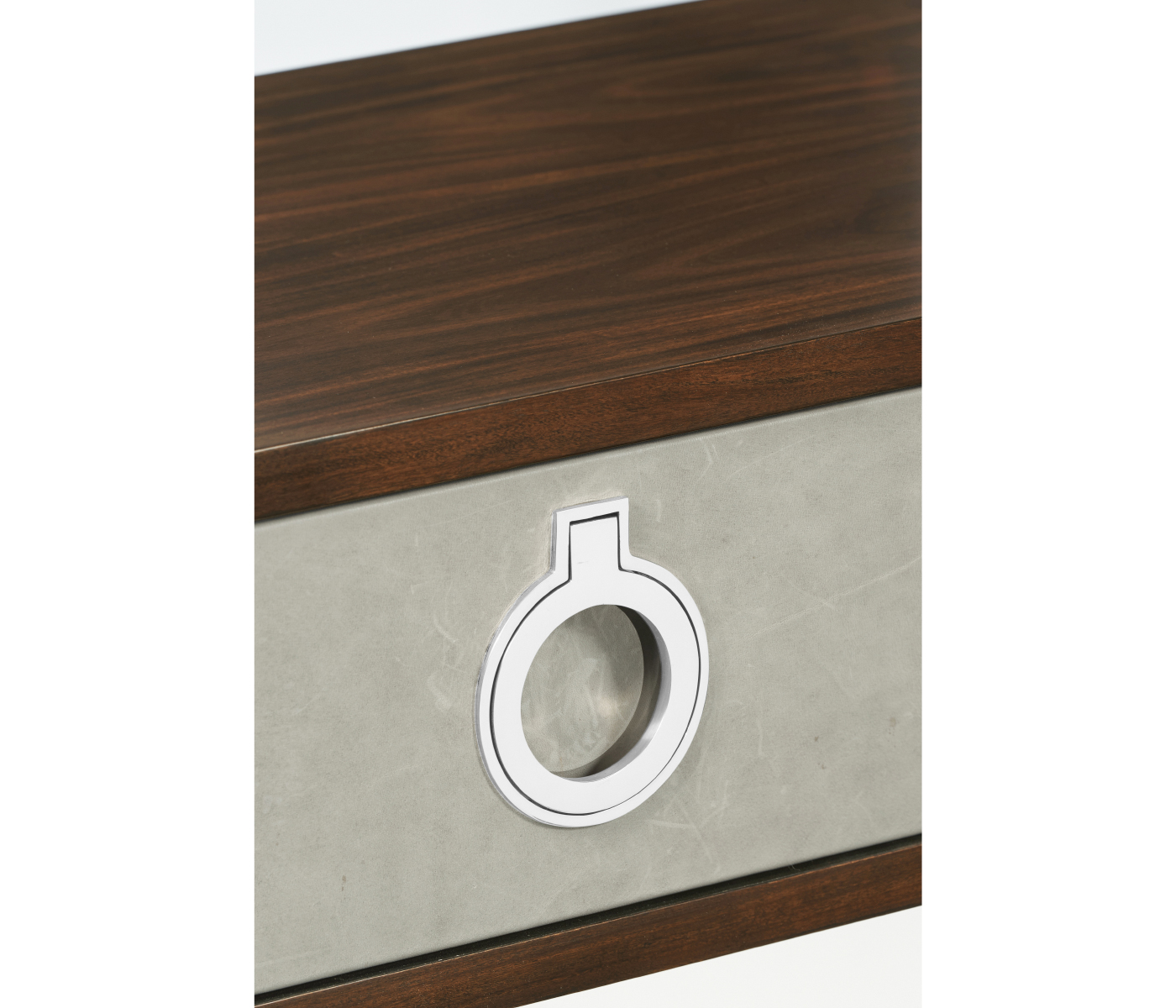 Campaign Style Dark Santos Rosewood & Grey Leather Console Table with Drawers