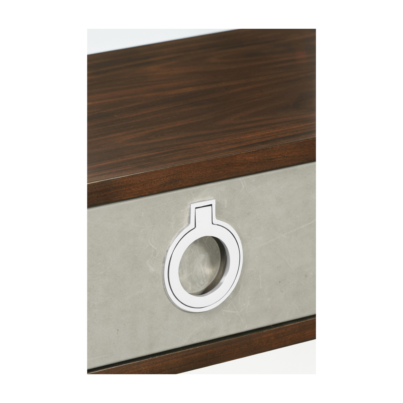 Campaign Style Dark Santos Rosewood & Grey Leather Console Table with Drawers